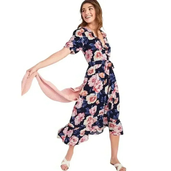 Old Navy Waist-Defined Ruffled Tie-Belt Midi Wrap Dress  Size Medium Tall - Picture 1 of 10